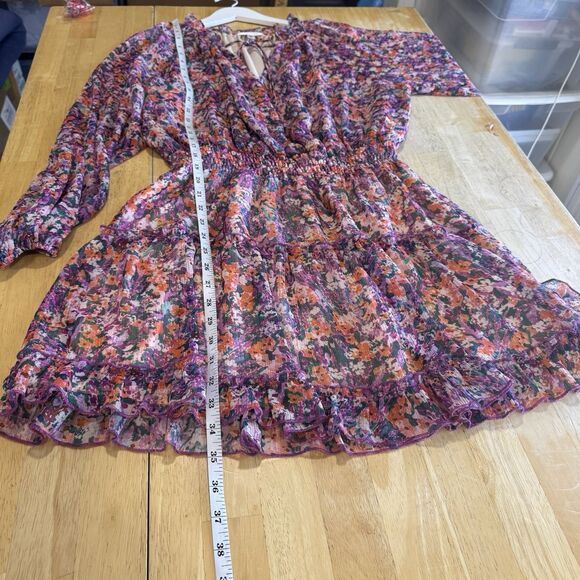 Lavender Brown Dress Smocked Long Sleeves Elastic Waist Tiered Floral Medium EUC - Picture 12 of 15